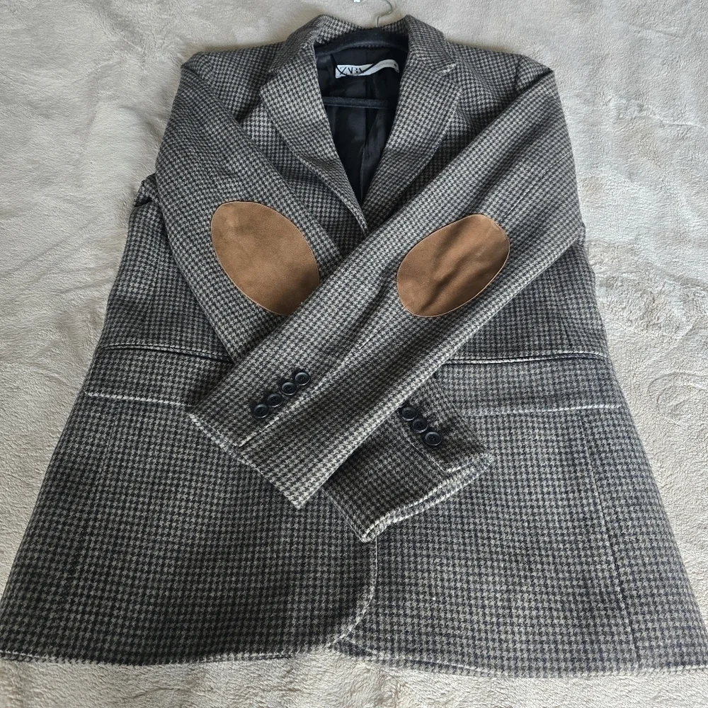 Zara Wool Blend Blazer Sz M Brown Houndstooth Plaid Tailored Career Old Money - Picture 13 of 16